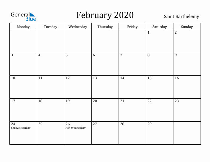 February 2020 Calendar Saint Barthelemy