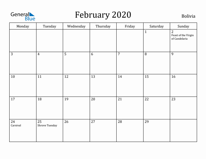 February 2020 Calendar Bolivia