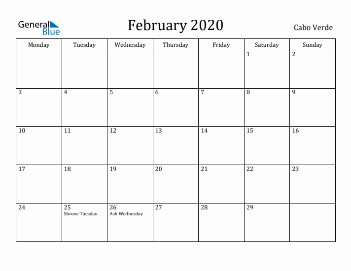 February 2020 Calendar Cabo Verde