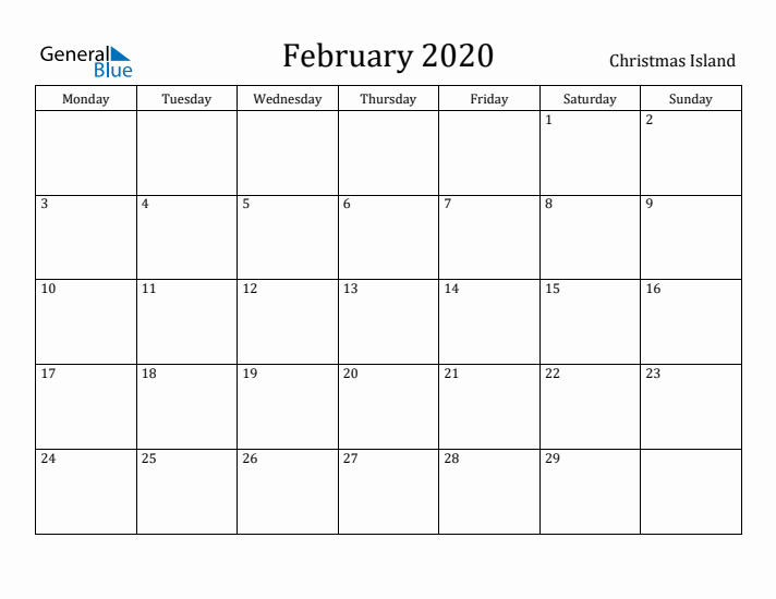 February 2020 Calendar Christmas Island