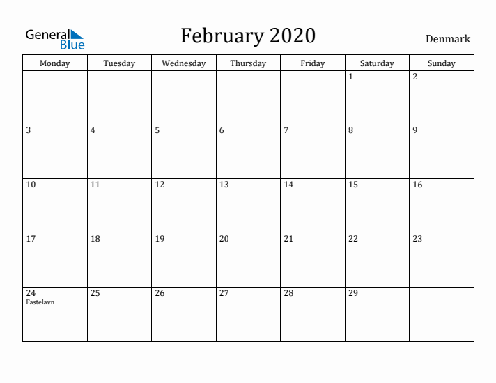 February 2020 Calendar Denmark