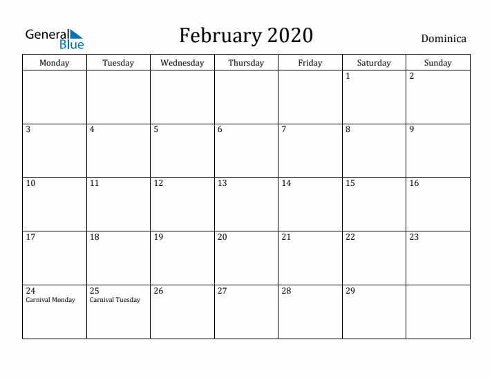 February 2020 Calendar Dominica
