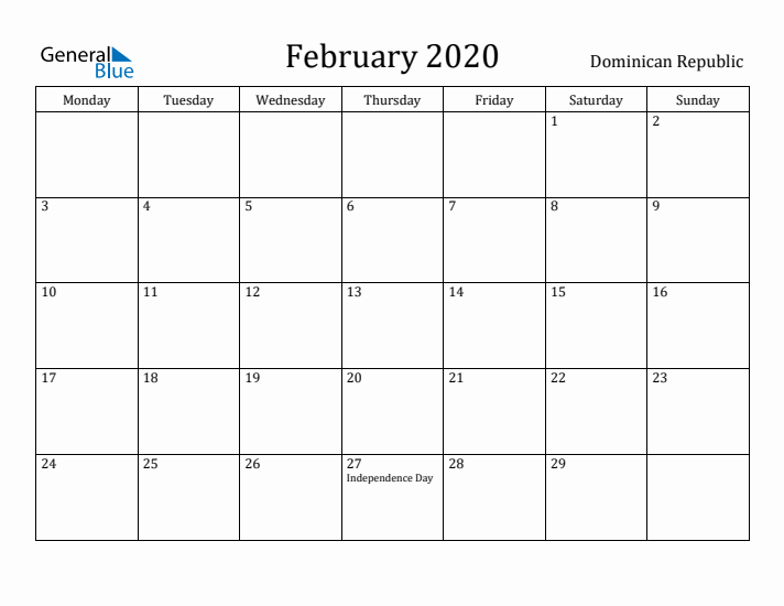 February 2020 Calendar Dominican Republic
