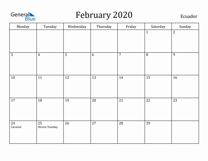 February 2020 Calendar Ecuador