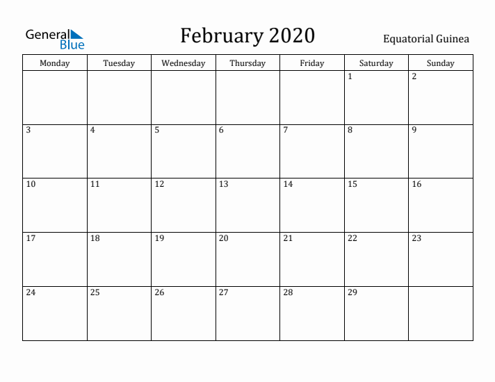 February 2020 Calendar Equatorial Guinea