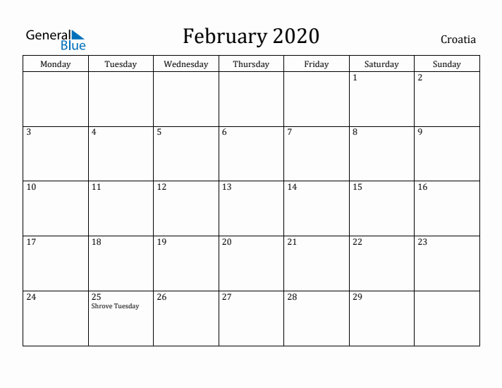 February 2020 Calendar Croatia