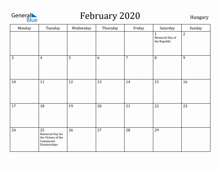 February 2020 Calendar Hungary