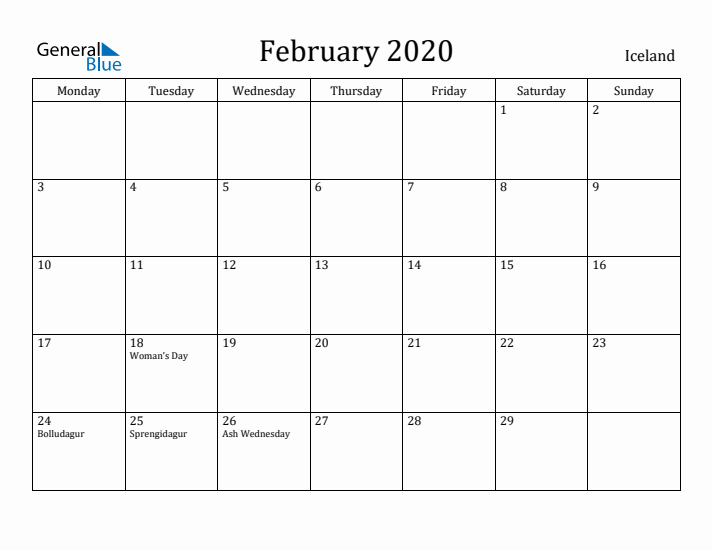 February 2020 Calendar Iceland