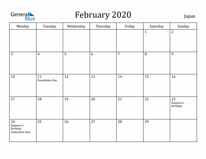 February 2020 Calendar Japan