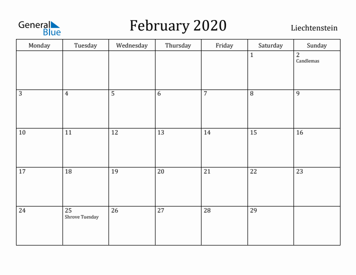 February 2020 Calendar Liechtenstein