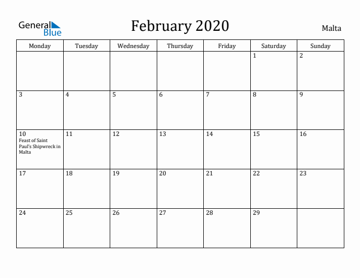February 2020 Calendar Malta