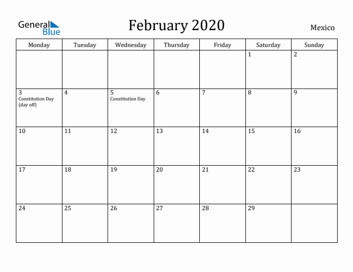 February 2020 Calendar Mexico