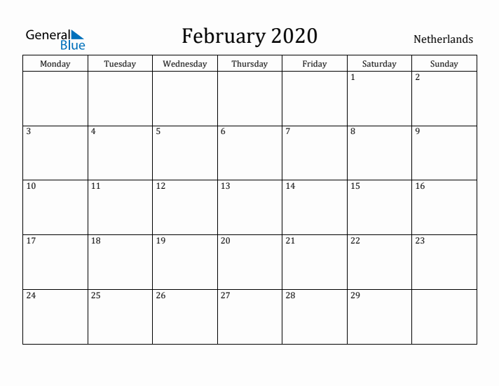 February 2020 Calendar The Netherlands