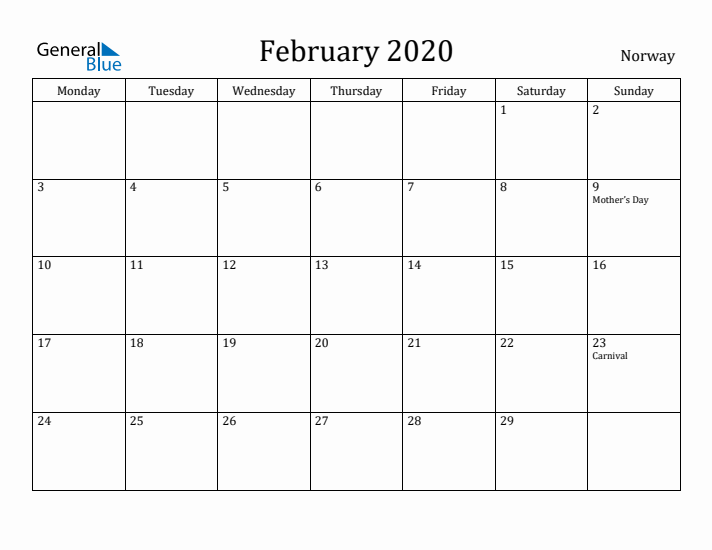 February 2020 Calendar Norway