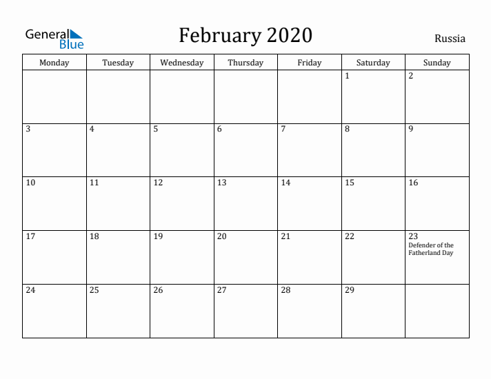 February 2020 Calendar Russia