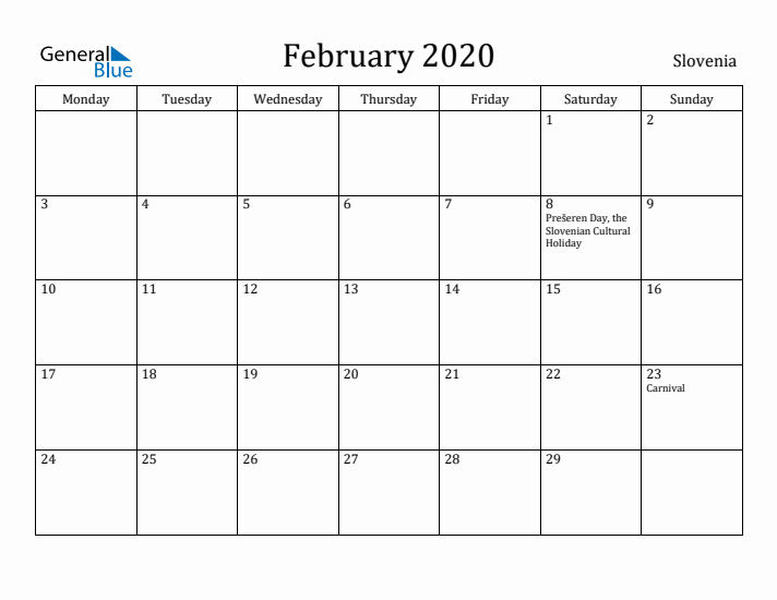 February 2020 Calendar Slovenia