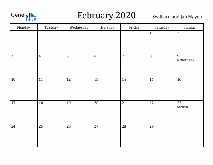 February 2020 Calendar Svalbard and Jan Mayen