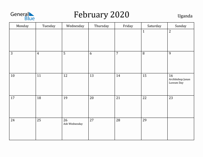 February 2020 Calendar Uganda