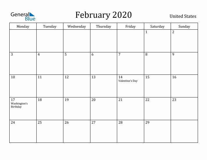 February 2020 Calendar United States