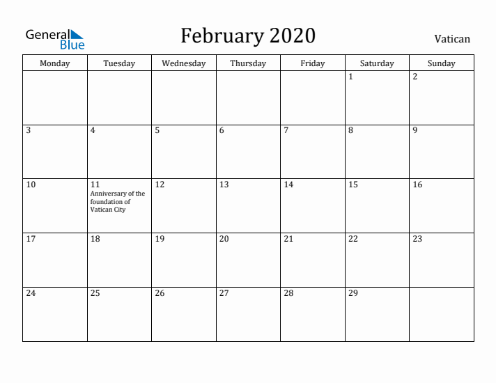 February 2020 Calendar Vatican