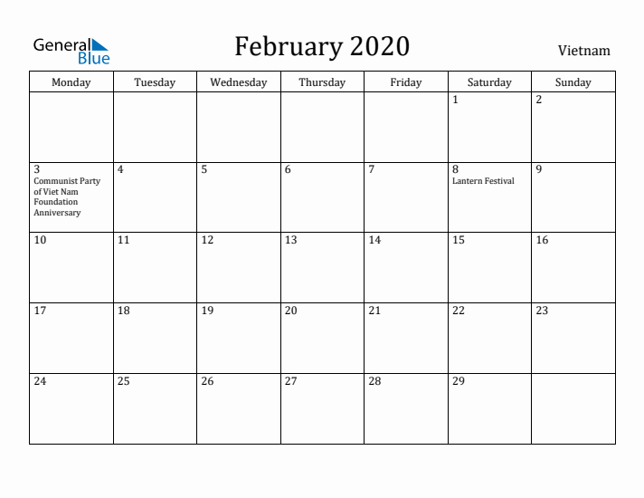 February 2020 Calendar Vietnam