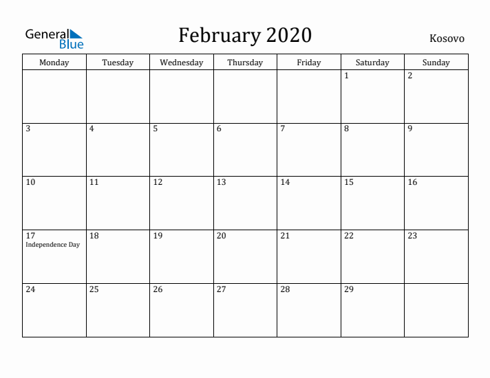 February 2020 Calendar Kosovo