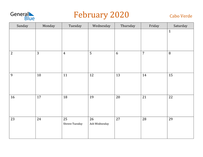 February 2020 Holiday Calendar