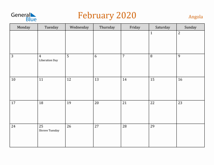 February 2020 Holiday Calendar with Monday Start