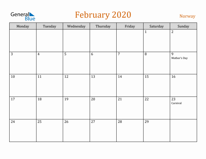 February 2020 Holiday Calendar with Monday Start