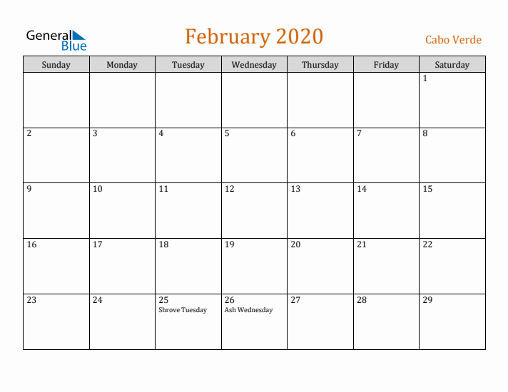 February 2020 Holiday Calendar with Sunday Start