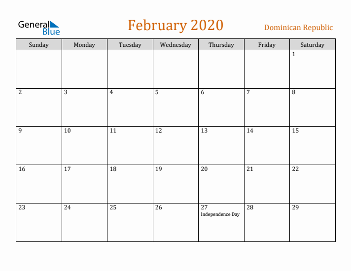 February 2020 Holiday Calendar with Sunday Start