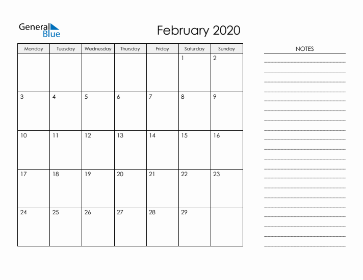Printable Monthly Calendar with Notes - February 2020