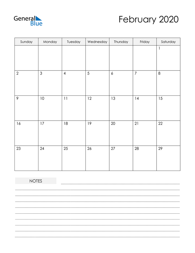  Printable Calendar with Notes - February 2020