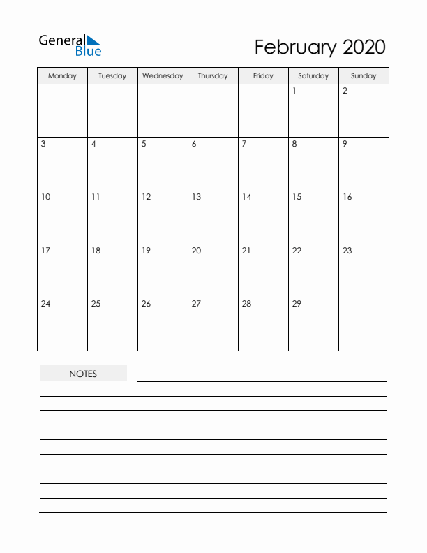 Printable Calendar with Notes - February 2020 