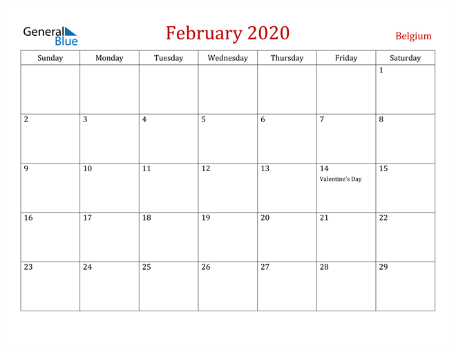 Belgium February 2020 Calendar