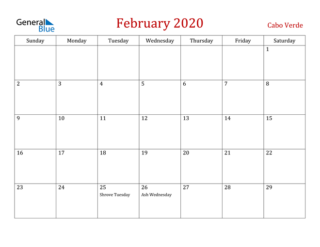Cabo Verde February 2020 Calendar