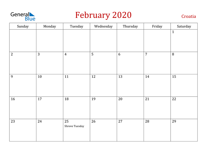 Croatia February 2020 Calendar