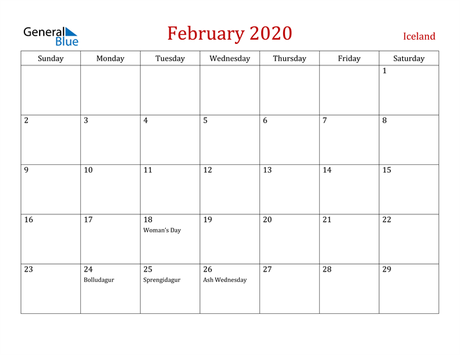 Iceland February 2020 Calendar
