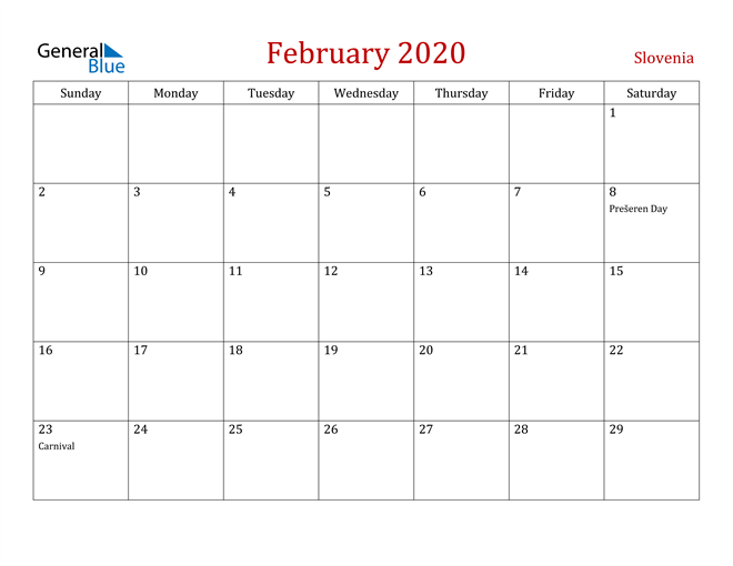 Slovenia February 2020 Calendar