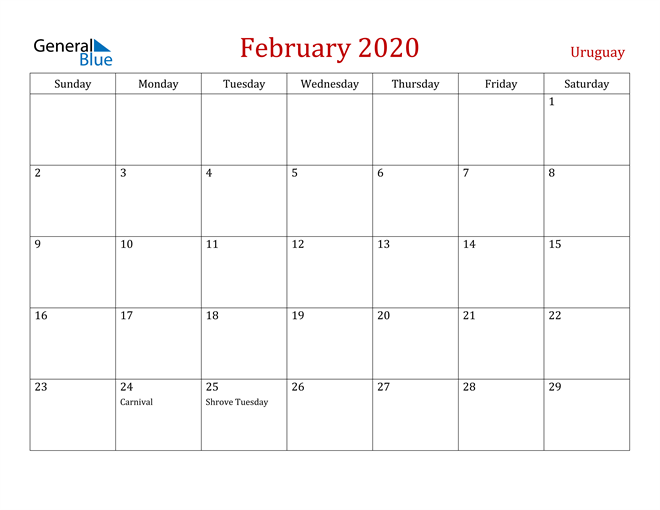 Uruguay February 2020 Calendar