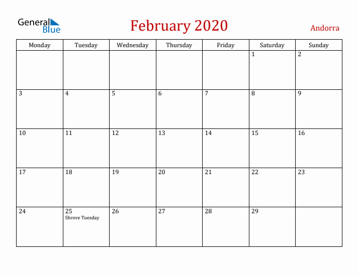 Andorra February 2020 Calendar - Monday Start