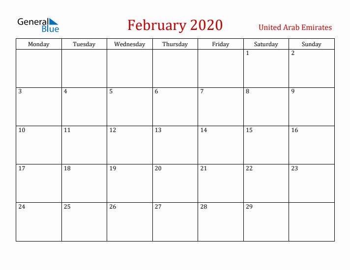 United Arab Emirates February 2020 Calendar - Monday Start