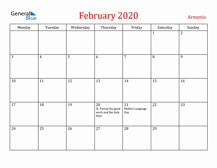 Armenia February 2020 Calendar - Monday Start