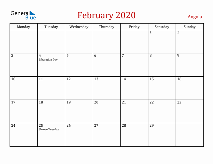 Angola February 2020 Calendar - Monday Start