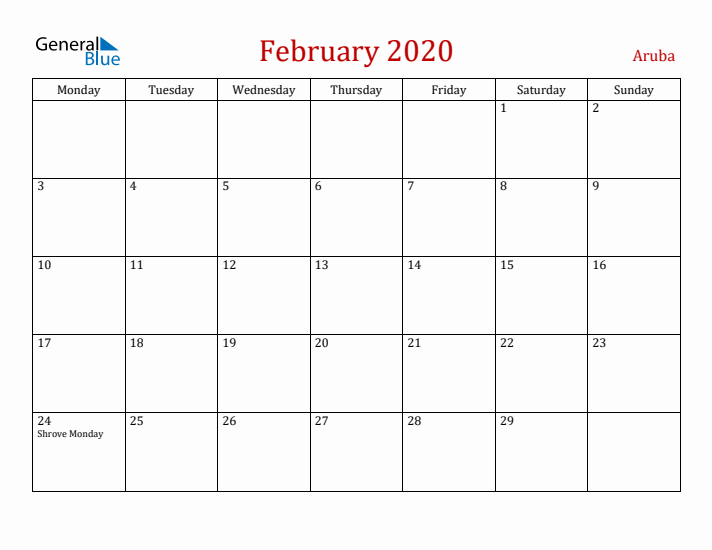 Aruba February 2020 Calendar - Monday Start