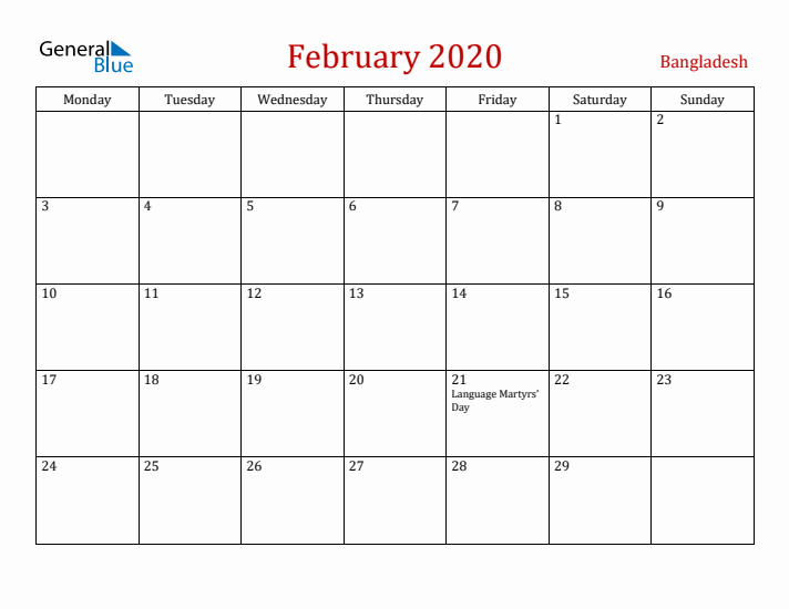 Bangladesh February 2020 Calendar - Monday Start