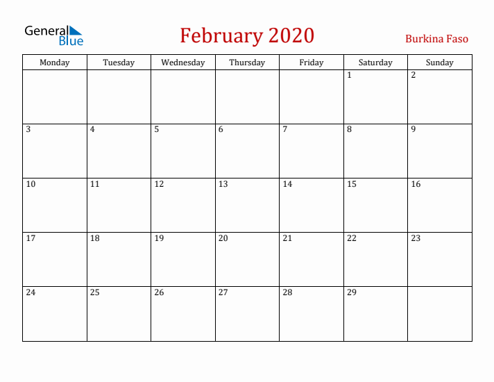 Burkina Faso February 2020 Calendar - Monday Start