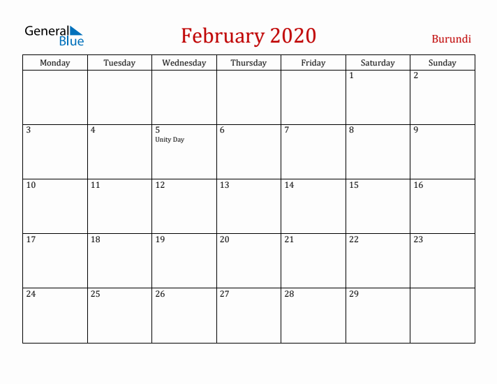 Burundi February 2020 Calendar - Monday Start