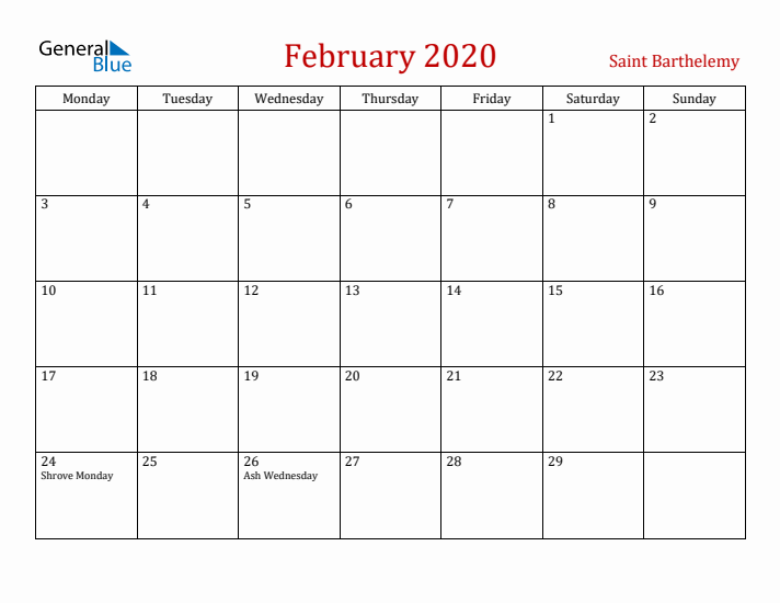 Saint Barthelemy February 2020 Calendar - Monday Start