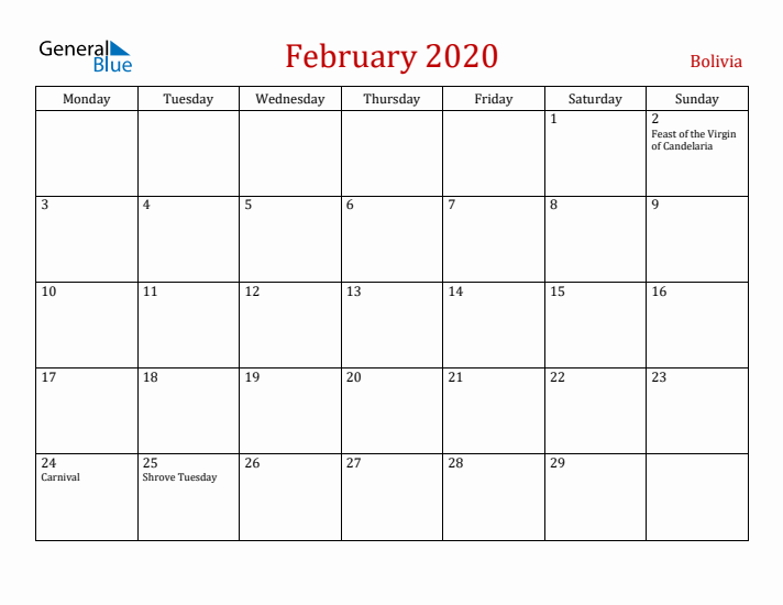 Bolivia February 2020 Calendar - Monday Start